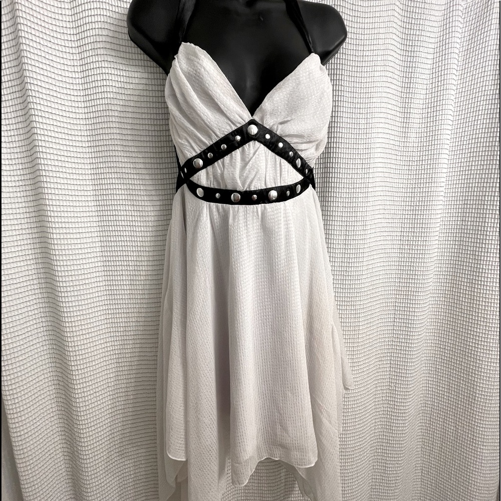white and black studded halter dress, cruise ready